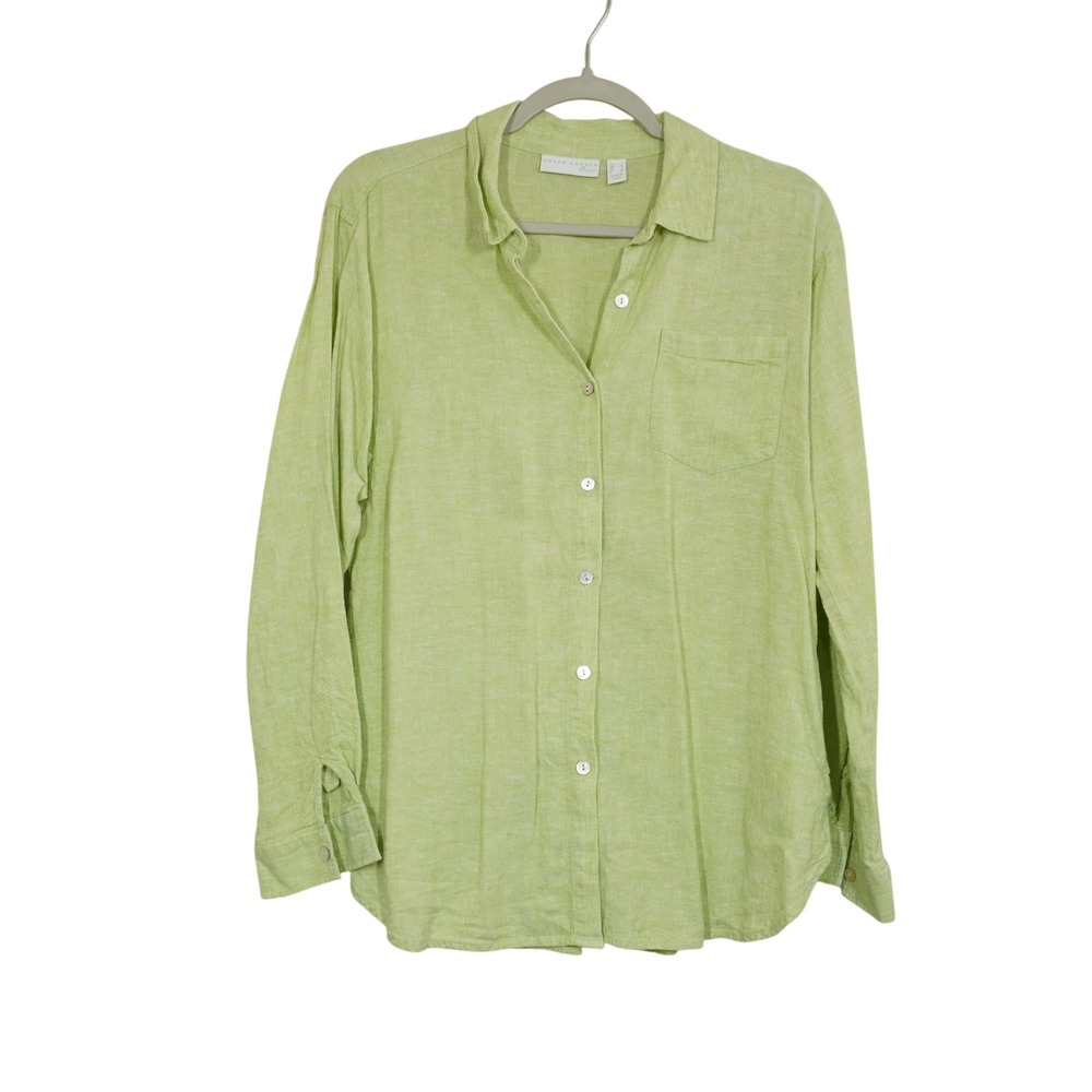 Susan Graver Pure Lime Green Linen Blend Button Down Shirt  Long Sleeve Coastal